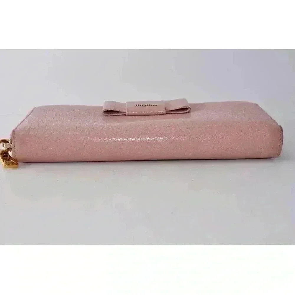 MIU MIU Ribbon Long Wallet Leather Pink Gold Zip Women Used Auth w/Card 8C11191 - Picture 7 of 15